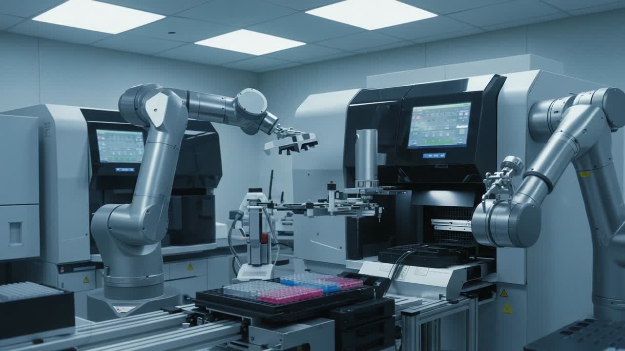 Advanced Robotic Automation in a High-Tech Laboratory: Precision Machinery and Innovative Technology for Efficient Sample Processing and Analysis