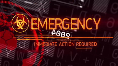 animation of biohazard icon and data processing over emergency text on black background