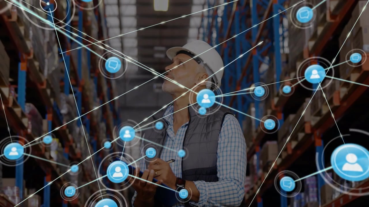 Warehouse Manager Inspecting Inventory with Digital Network Overlay