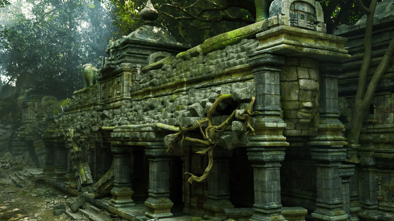 보디아의 고대 사원 유적은 울창한 초록색과 나무로 둘러싸여 있습니다.