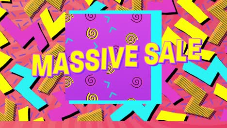 animation of massive sale text over abstract sunburst template with shapes