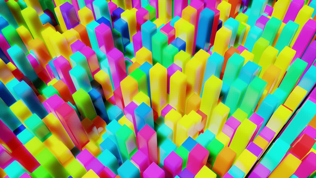 다채로운 큐브와 함께 3d 추상적인 간단한 기하학적 배경, 4k에서 무작위로 네온 빛을 박이는, 부드러운 루프 애니메이션, 3d 객체와 함께 창의적인 간단한 모션 디자인, vj 루프