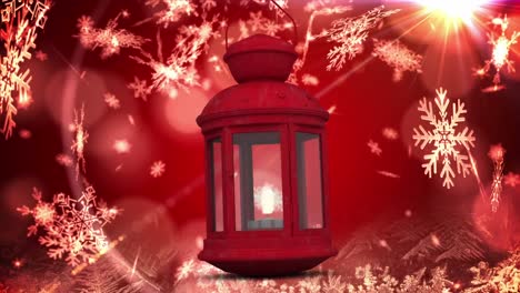 Animation-of-snow-falling-over-christmas-lantern-on-red-background