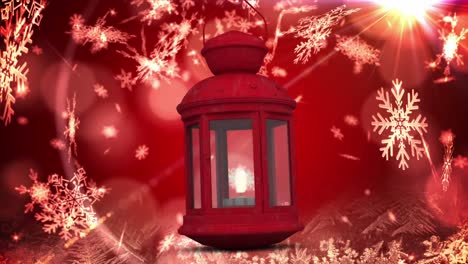 animación de nieve cayendo sobre linterna de navidad sobre fondo rojo