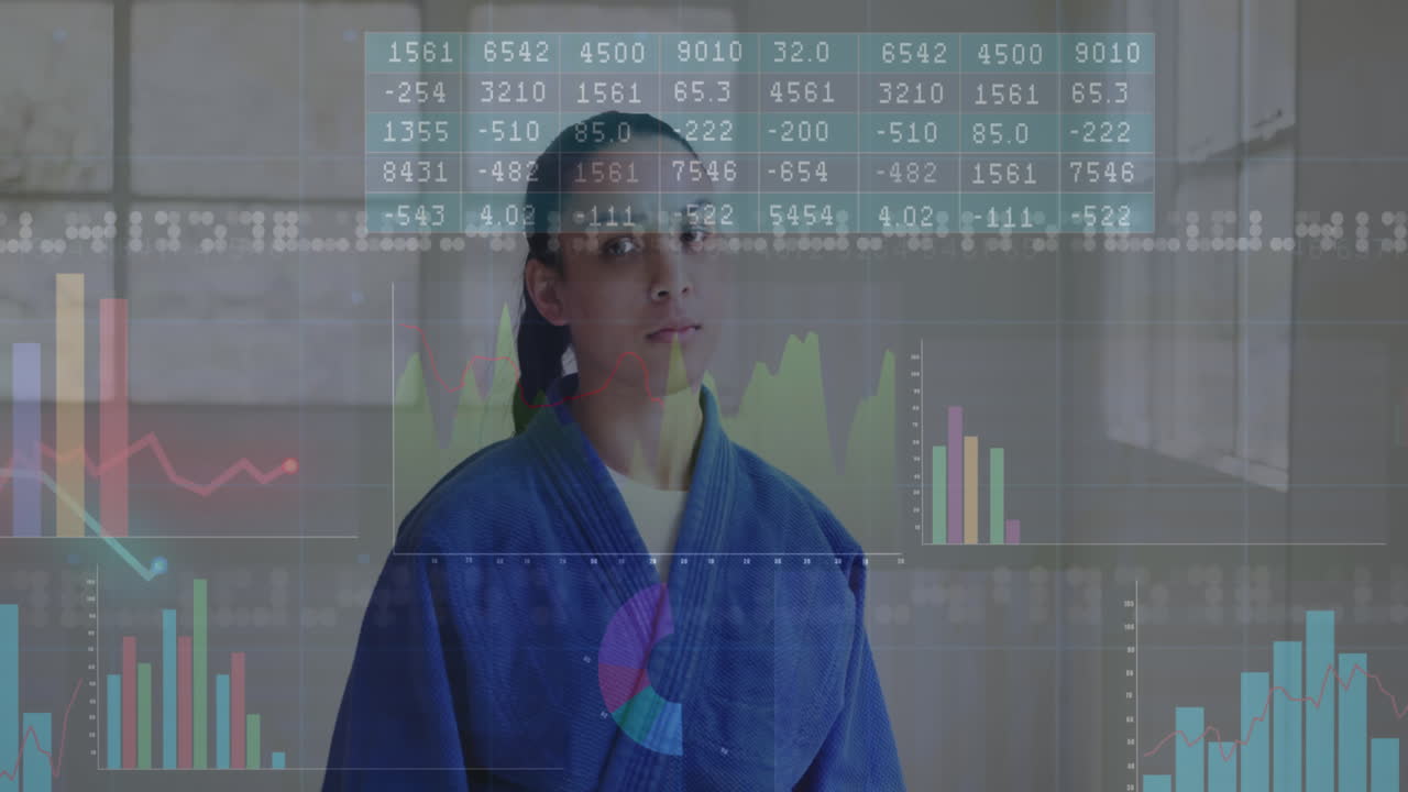 animación del procesamiento de datos financieros sobre una luchadora de karate biracial