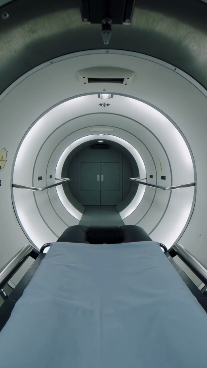 Vertical video: Dolly starting, camera moving toward ringed chamber in clinic, with stretcher