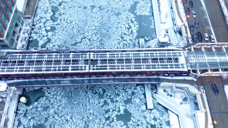 aerial footage of frozen chicago river during 2019 polar vortex