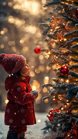 child admiring christmas tree adorned with lights and ornaments