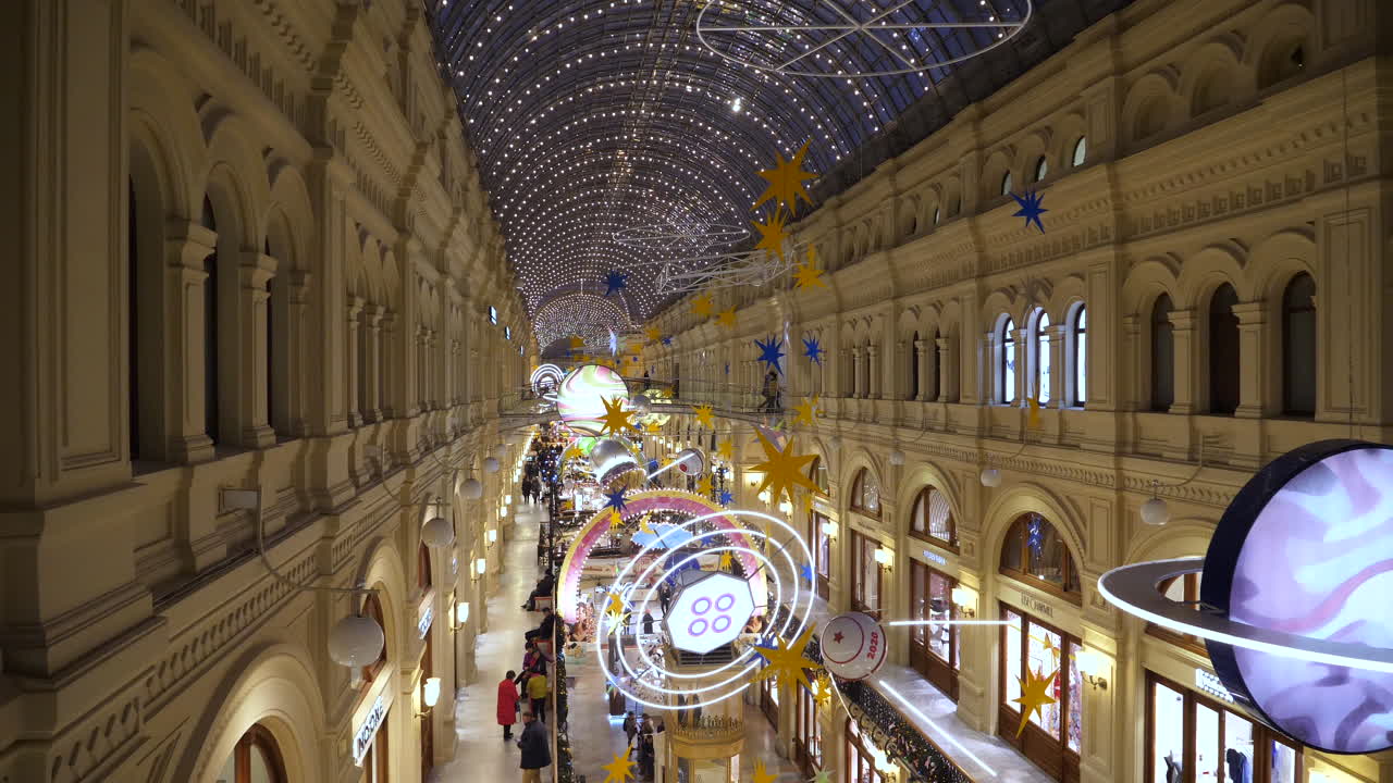 GUM department store with Christmas decorations in Moscow at night, tourists shopping