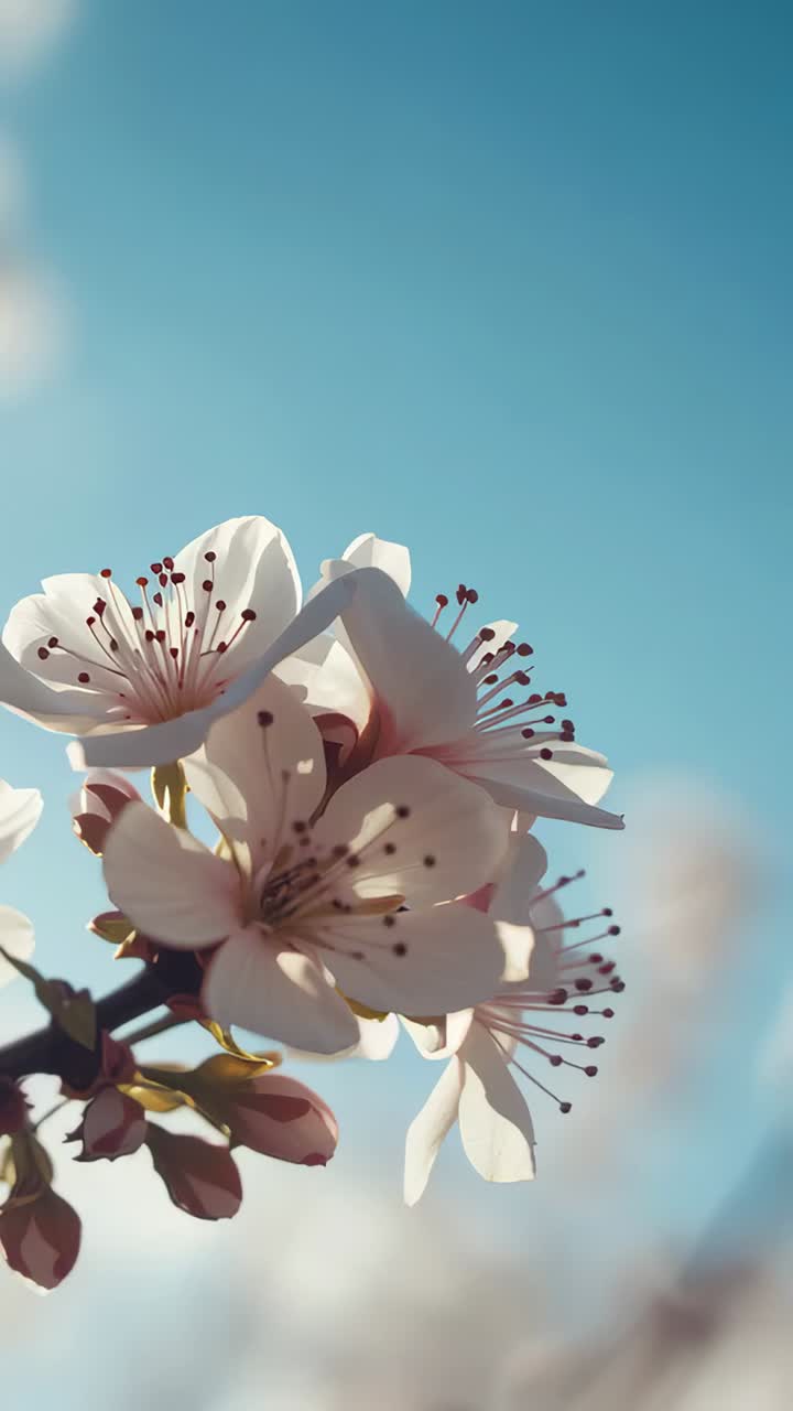Vertical video: Swaying pale pink blossom cluster on branch stirred by breeze in garden, with buds