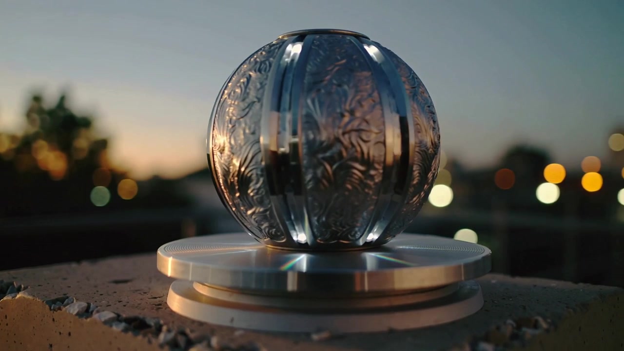 Shifting sunset light making ornate glass sphere rotating atop metal base, roof ledge showing bokeh
