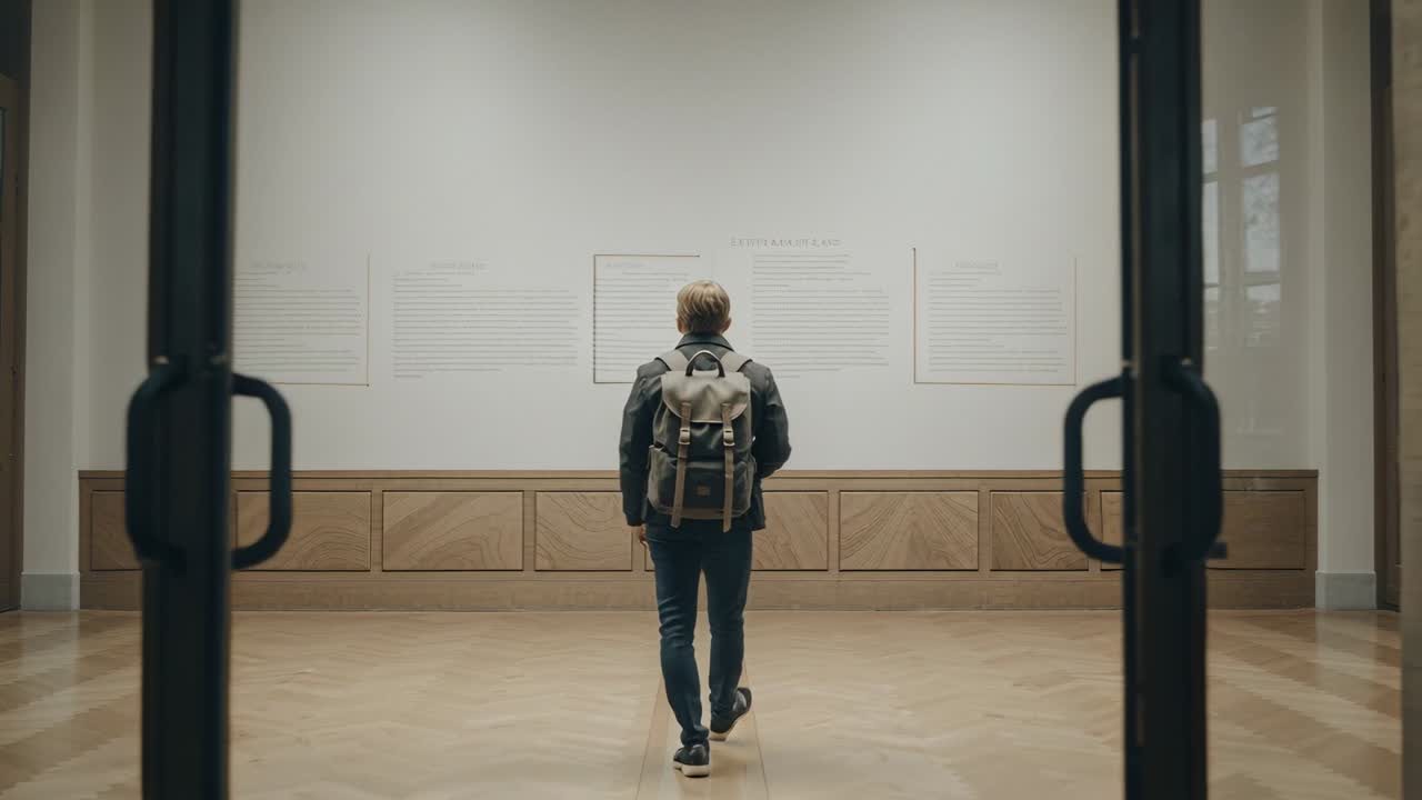 Vertical video: Person entering through glass doors and walking toward text panels to read display