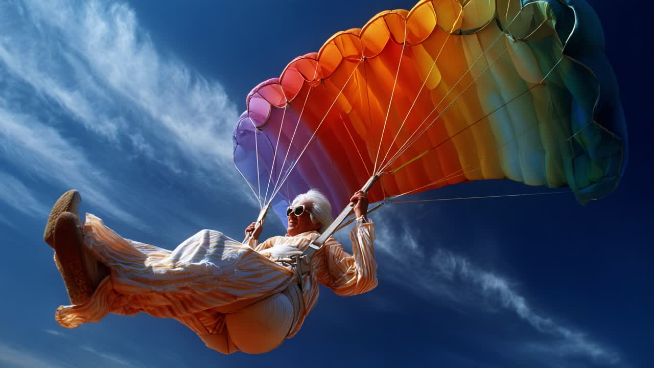A vibrant spectacle of color in the sky as a daring skydiver gracefully descends with a stunning rainbow parachute, showcasing adrenaline and joy in a breathtaking aerial view