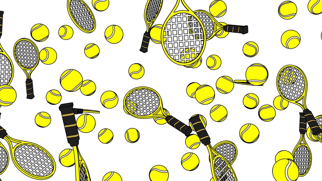 색 배경에 노란색 테니스 공과 테니스 라켓을 그렸습니다.
