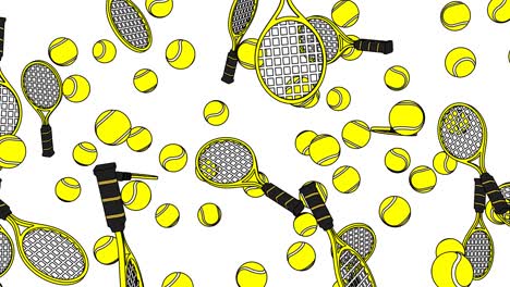 toon style yellow tennis balls and tennis rackets on white background.