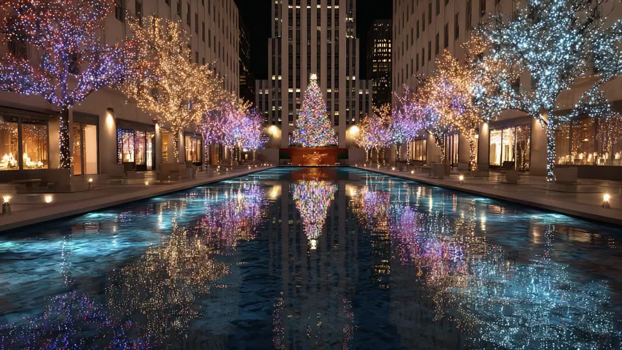 A Spectacular Holiday Scene Featuring Shimmering Lights, Reflections, and a Beautifully Decorated Christmas Tree in an Enchanting Urban Setting at Night