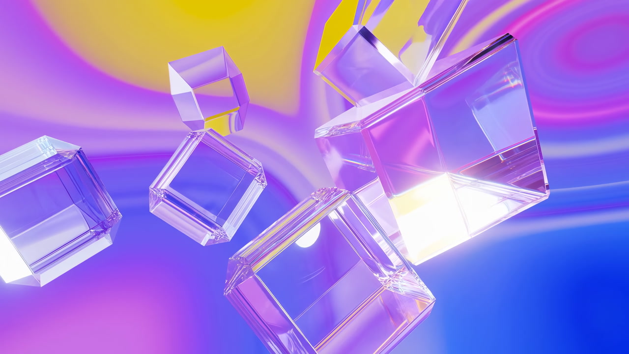 Floating Crystal Cubes Over Neon Gradient, Transparent Prism Blocks Tumble And Refract Light, Purple