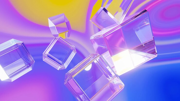Floating Crystal Cubes Over Neon Gradient, Transparent Prism Blocks Tumble And Refract Light, Purple