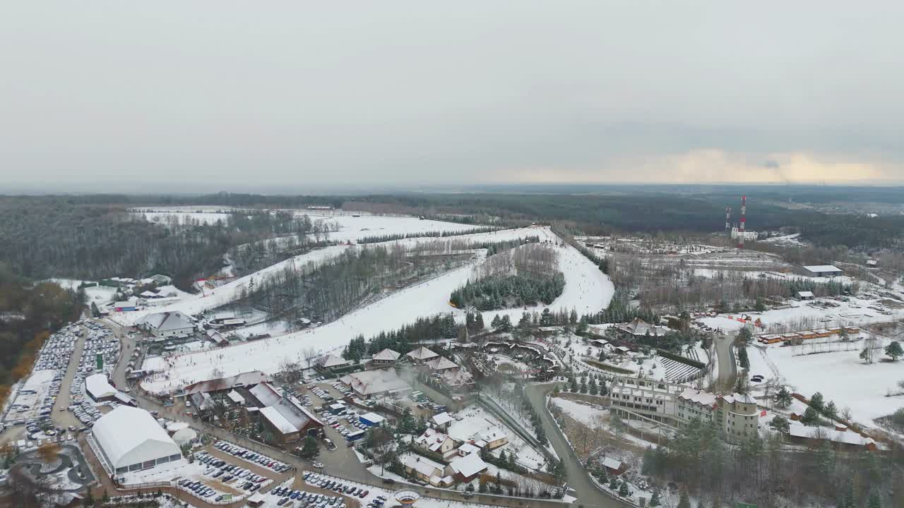 Drone view of the panorama of the small ski station in Swietokrzyskie mountains, Poland