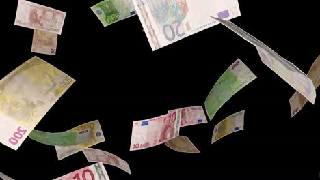 falling euro banknotes with alpha channel in 4k loopable money transparent background uhd apple pro res 4:4:4