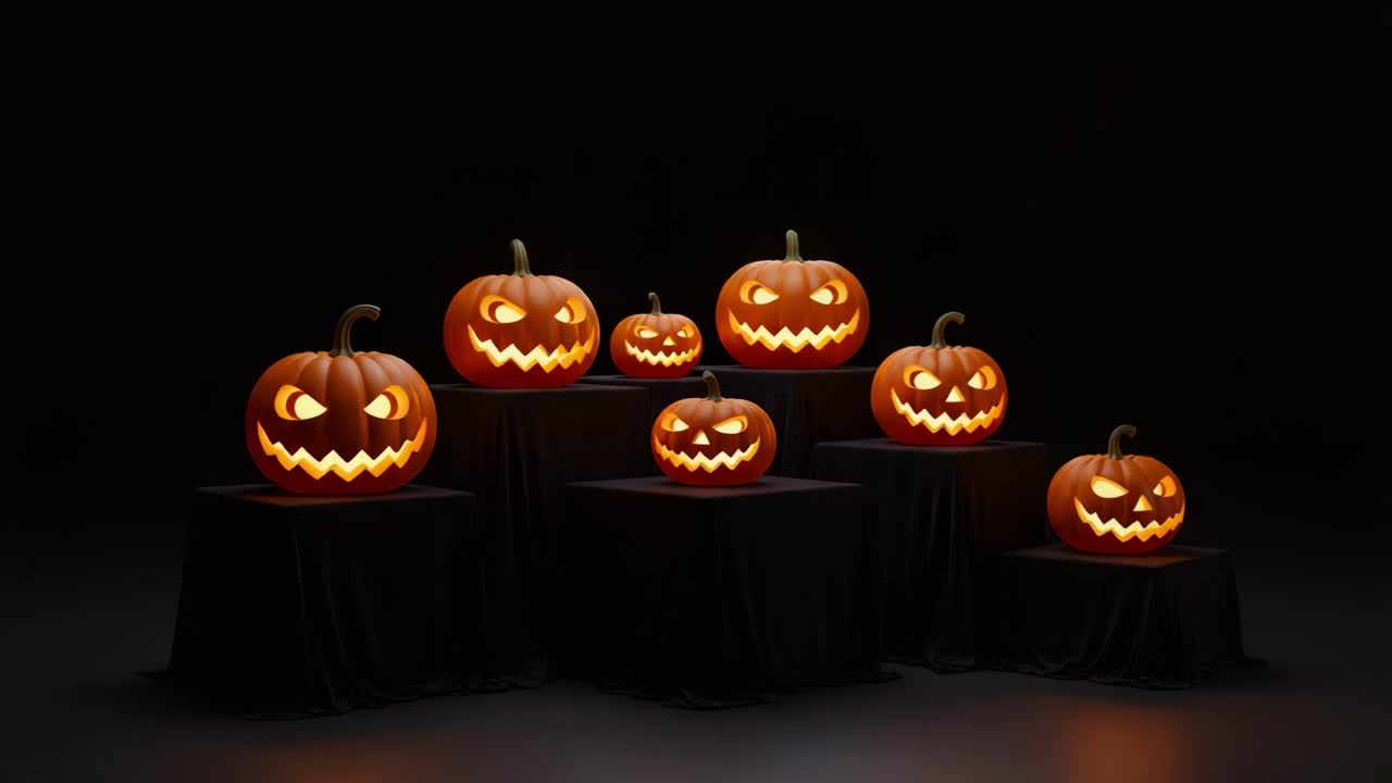 A Spooky Display of Glowing Jack-o'-Lanterns with Grinning Faces in a Darkened Setting, Perfect for Halloween Celebrations and Festivities