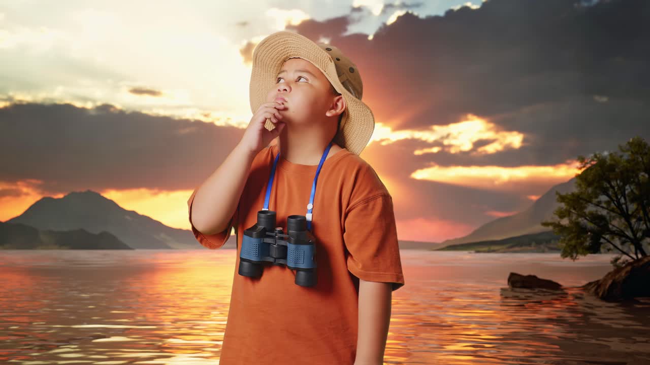 niño asiático con un sombrero y binoculares pensando en algo y mirando a su alrededor en un lago. niño investigador, concepto de aventura de turismo de viaje