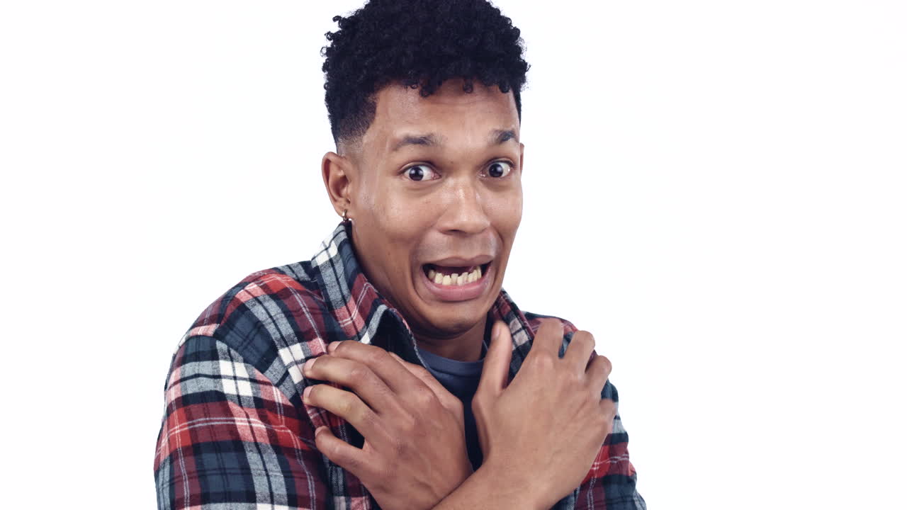 Face, fear and a shaking man on a white background
