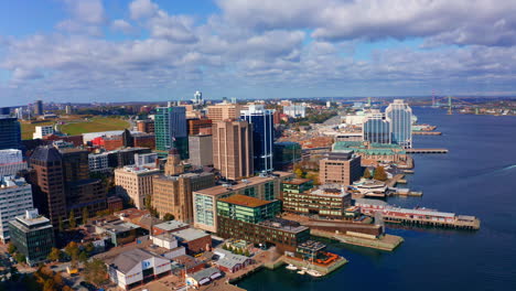 aerial drone shot over halifax downtown, nova scotia, canada.
high view of the cityscape, ocean and the urban buildings.