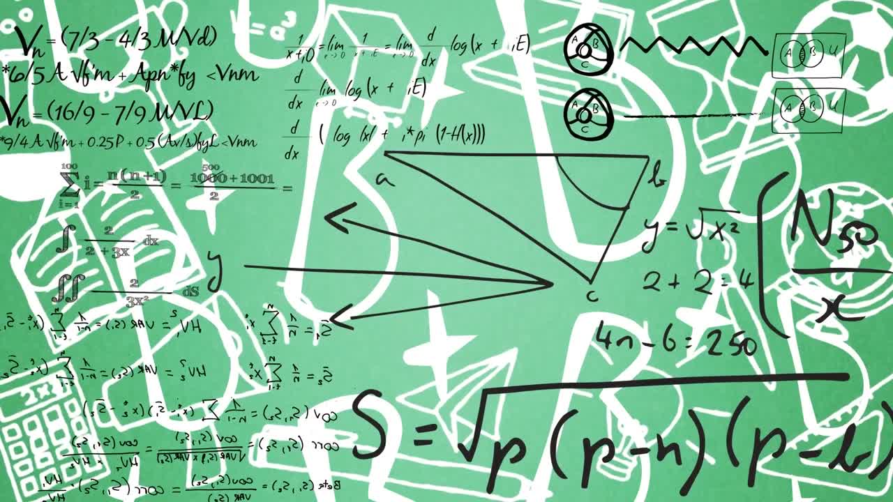 학교 개념 아이콘과 지구상의 텍스트에 대항하여 떠다니는 수학적 방정식