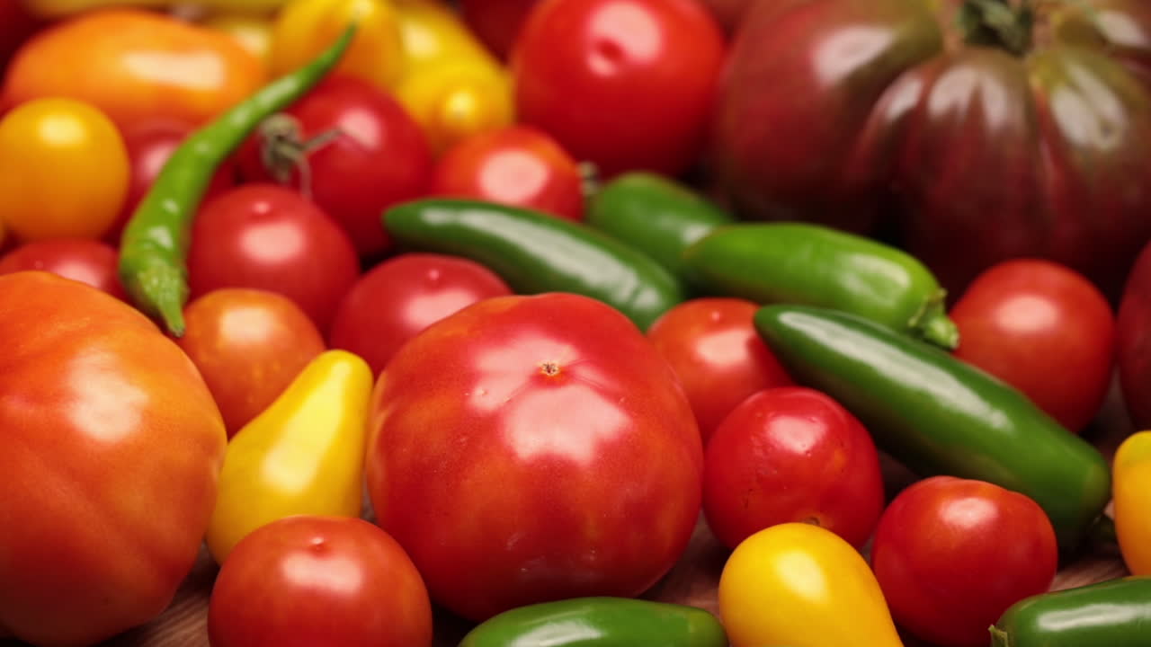 endecha plana sobre madera de palet rústica envejecida tomate morado cherokee pimiento jalapeño tomates rojos y amarillos cayena y pimiento amarillo con tabla de cortar de madera dura