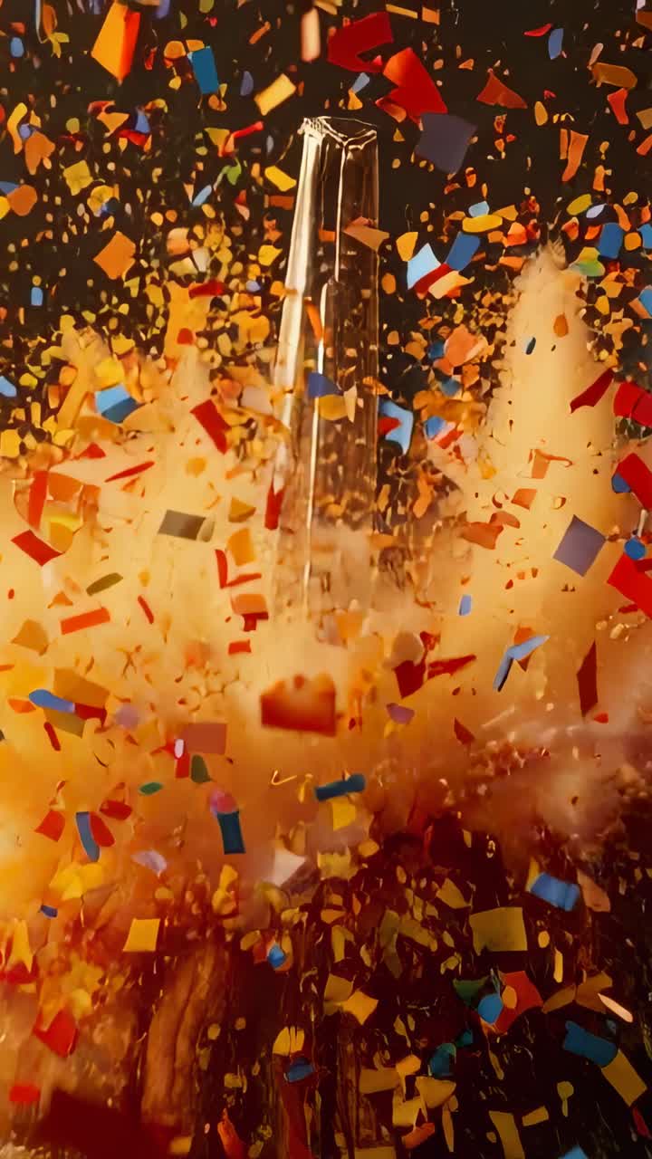 Vertical video: Bursting confetti showering orange pumpkin on studio sand, revealing metallic spike