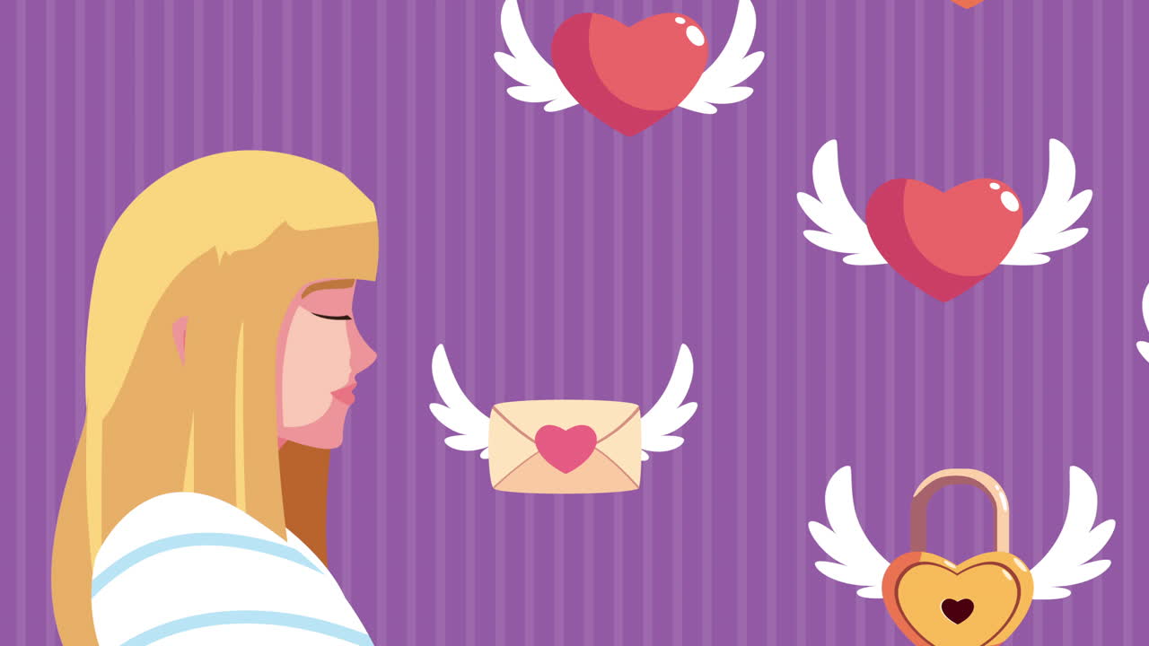 행복한 발렌타인 데이 카드 금발 여자와 사랑 아이콘 비행