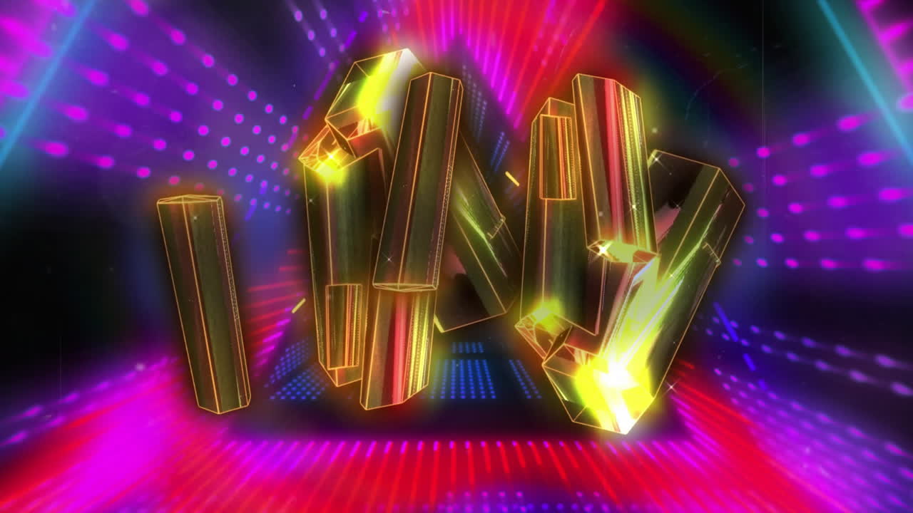 Colorful geometric shapes with glowing edges and light trails animation