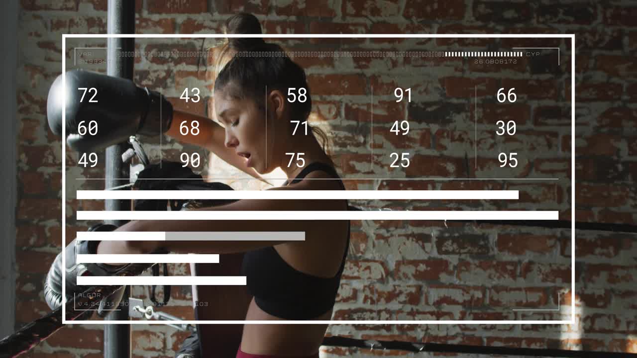 Female athlete leaning on ring ropes and adjusting wraps, HUD animating bars tracking boxing stats