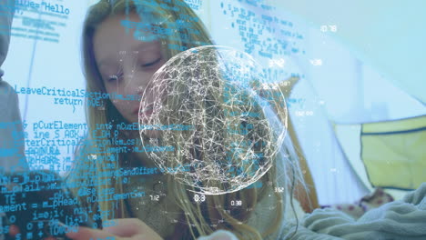 animación de la red de conexiones sobre la mujer usando teléfono inteligente