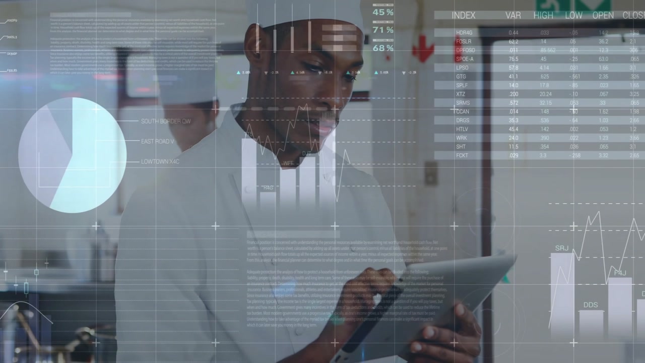 Tabletholding chef initiating kitchen tech bar or pie charts appearing refining data