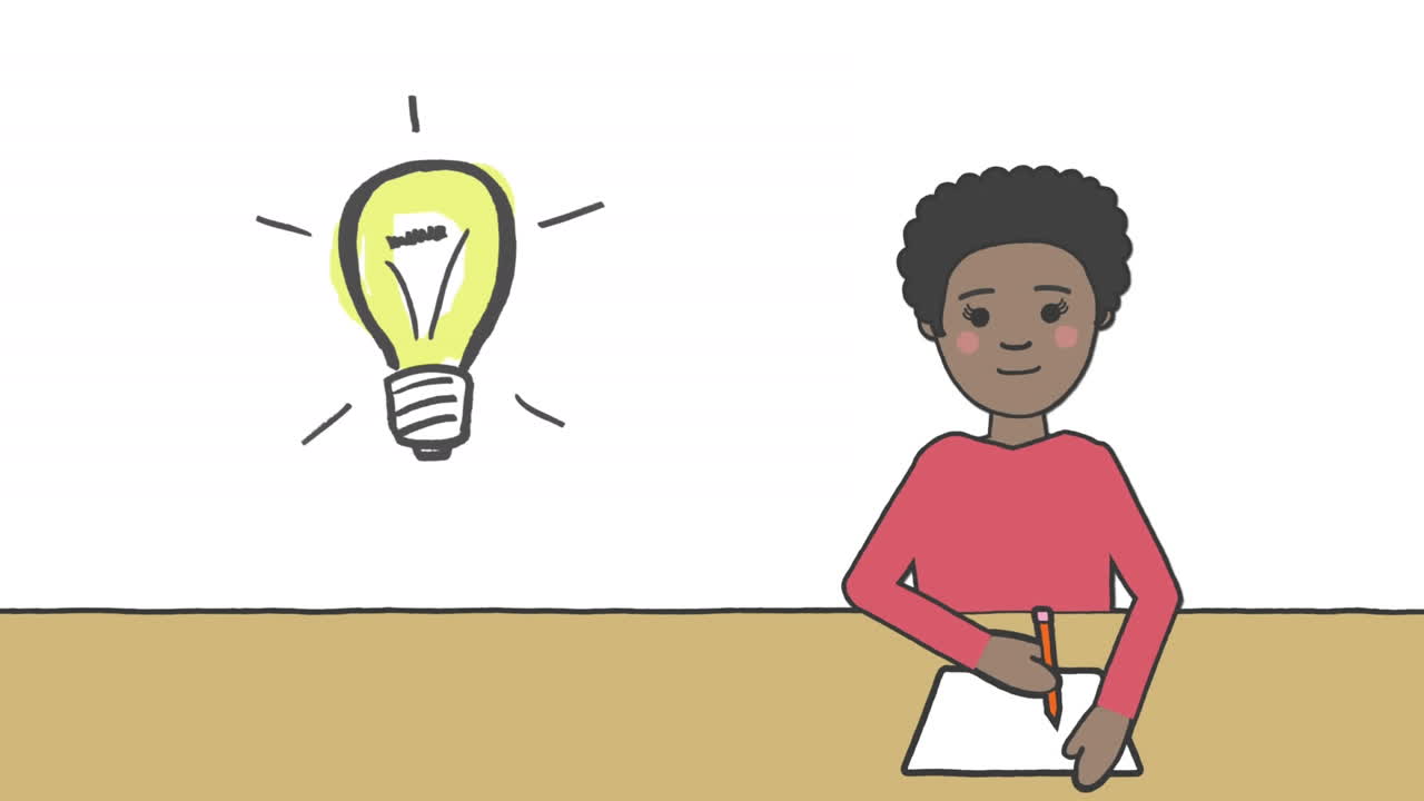 Animation of light bulb with rays and schoolboy writing on white background