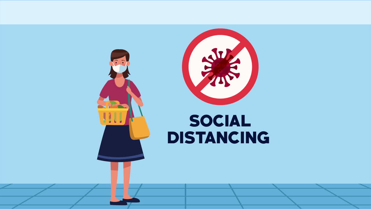 social distancing campaign with woman lifting supermarket bags