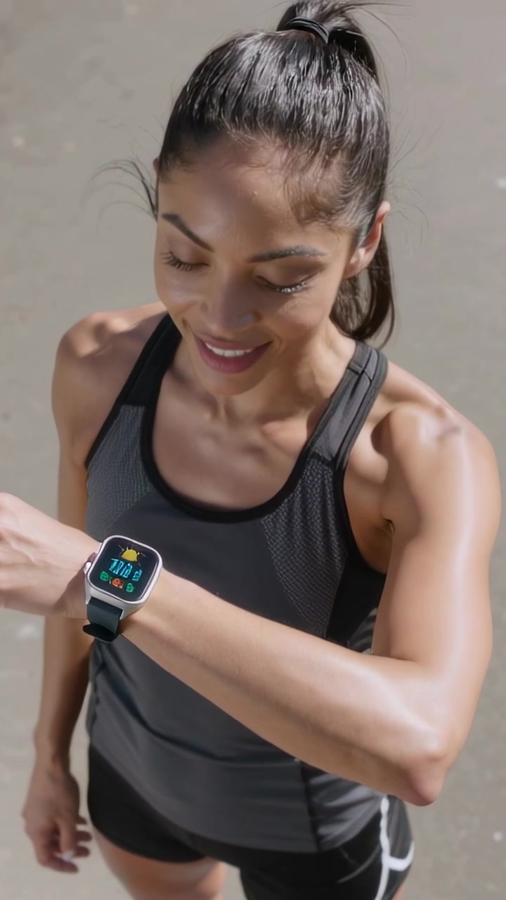 Vertical video: Glancing at smartwatch, woman in workout gear reading metrics, tracking run on path