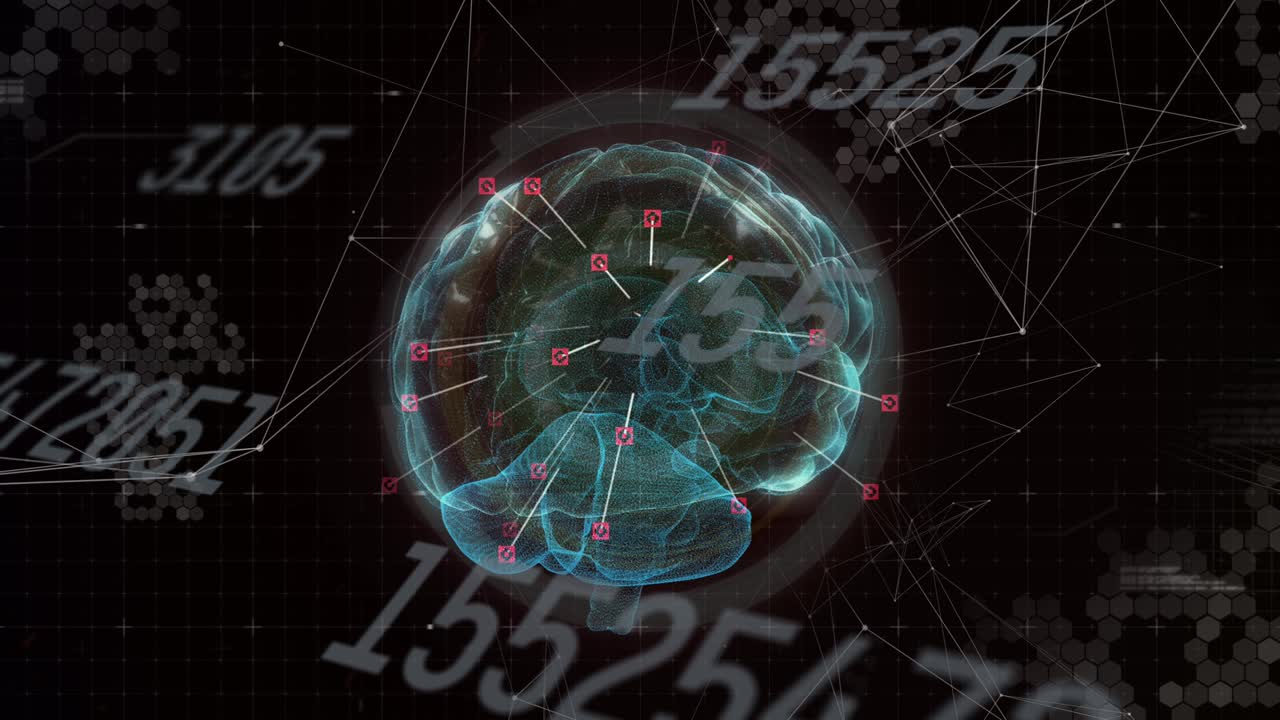 숫자의 애니메이션이 빛나는 인간의 뇌 위에서 바뀌고 배경에서 회전합니다.