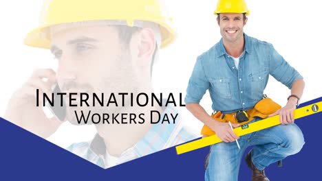 Animation-of-smiling-caucasian-male-worker-with-smartphone-over-international-workers-day-text