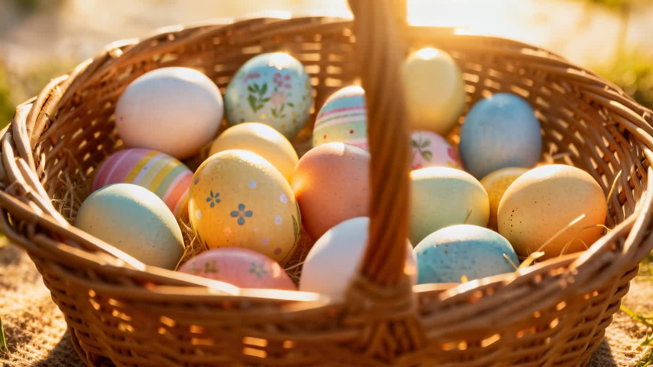 Pulling back camera revealing woven wicker basket resting on burlap in garden showing pastel eggs