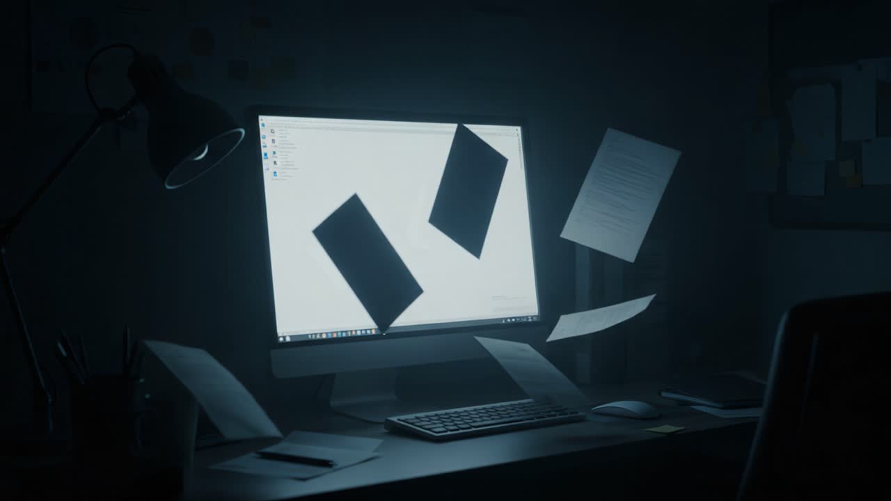 A Surreal Glimpse into an Office Environment Where Papers Mysteriously Float Around a Desktop Computer Screen Amidst Dim Lighting and Shadows
