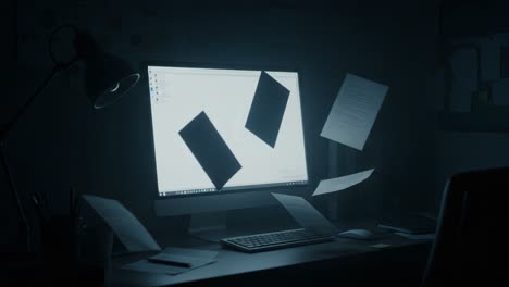a surreal glimpse into an office environment where papers mysteriously float around a desktop computer screen amidst dim lighting and shadows