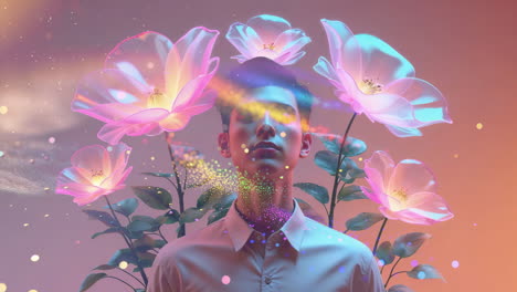ethereal portrait of a man with glowing translucent flowers and light effects
