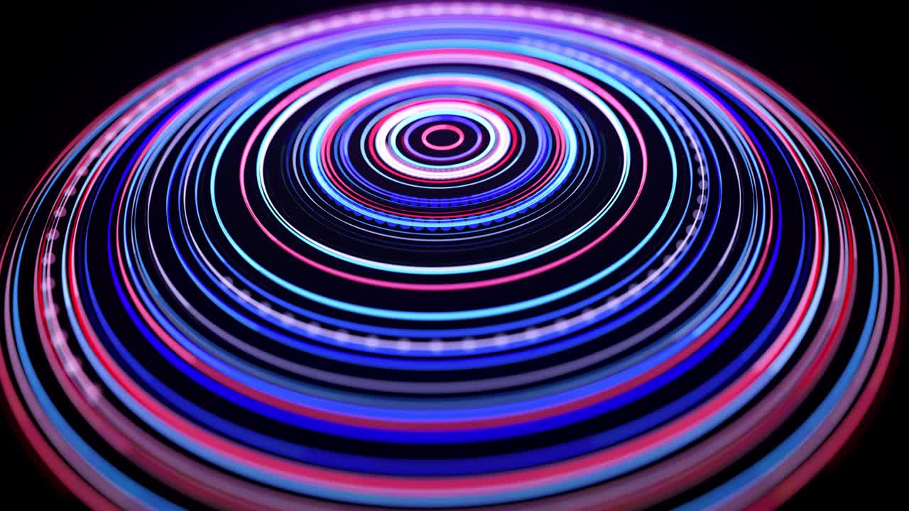 Light flow in ring structure, bg in 4k. Abstract looped background with light trails, stream of red blue neon lines in space form rings. Modern trendy motion design background. Light effect,