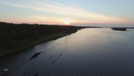 Aerial:-Wakeboard-cable-park-and-small-recreational-harbour-in-the-Veerse-Meer,-the-Netherlands