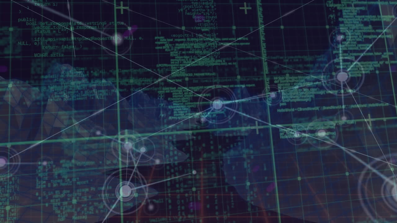 Animation of digital mountains with data processing and network of connections over black background