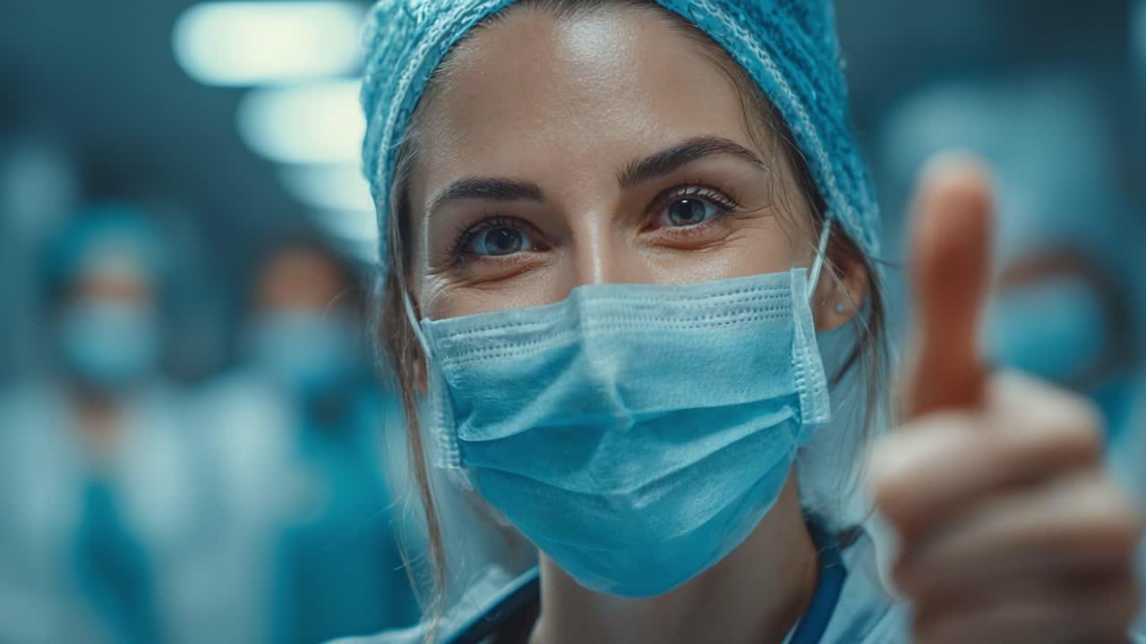 A Confident Medical Professional in Scrubs and Face Mask Giving a Thumbs-Up Gesture in a Hospital Environment, Conveying Positivity and Assurance in Healthcare