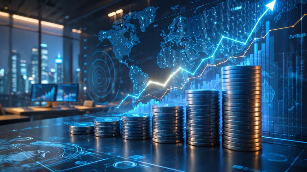 Pile di monete in crescita sotto un grafico di analisi globale su sfondo blu scuro